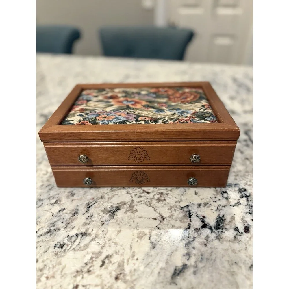 Vintage Floral Tapestry Top Wood Hinged Jewelry Box Pink Velvet Lining Drawer